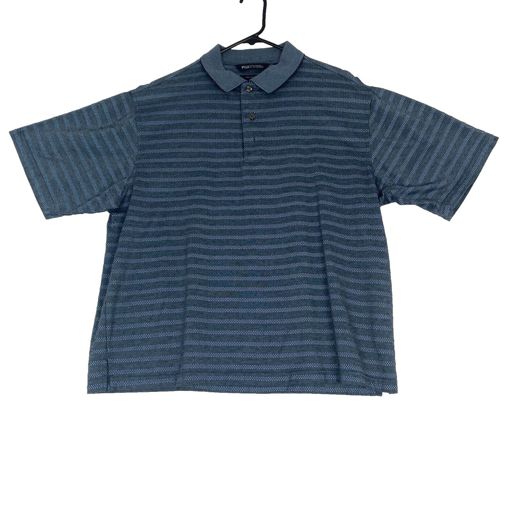 PGA Tour Mercerized Men's Polo Shirt Golf Blue Striped Short Sleeve Sz M‎ Crop